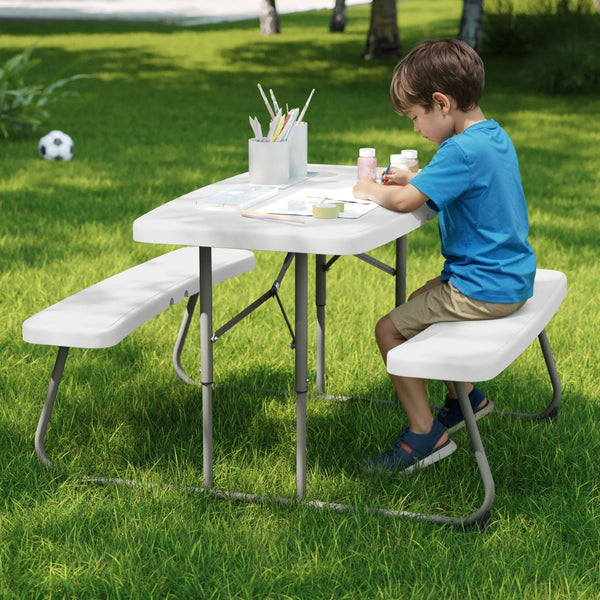 English Elm Paige Easy-Fold Folding Plastic Kids Picnic Table and Benches - Safe, Durable, No Assembly Required White RB-EBB-2432FD2-WH-GG