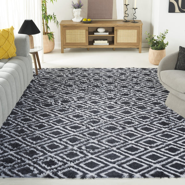 Safavieh Rainbow Luxurious Shag Area Rug - Soft Polyester, Stylish Diamond Design, Perfect For Any Room Charcoal ,White Polyester Pile Rbo102h-57