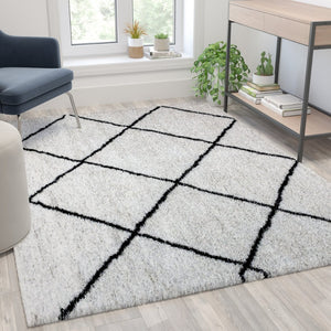 English Elm Roxy Diamond Trellis Shag Area Rug – Luxurious Softness, Modern Design, Easy Care & Durable Style Ivory/Black 5' x 7' RC-KJ-181070-01-57-GG