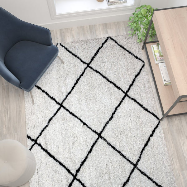 English Elm Roxy Diamond Trellis Shag Area Rug – Luxurious Softness, Modern Design, Easy Care & Durable Style Ivory/Black 5' x 7' RC-KJ-181070-01-57-GG