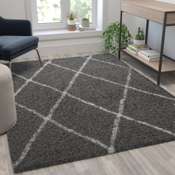 English Elm Roxy Diamond Trellis Shag Area Rug – Luxurious Softness, Modern Design, Easy Care & Durable Style Charcoal/Ivory 5' x 7' RC-KJ-181070-01-57-GR-IV-GG