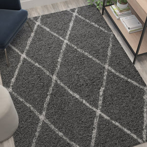 English Elm Roxy Diamond Trellis Shag Area Rug – Luxurious Softness, Modern Design, Easy Care & Durable Style Charcoal/Ivory 5' x 7' RC-KJ-181070-01-57-GR-IV-GG