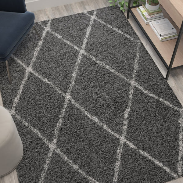 English Elm Roxy Diamond Trellis Shag Area Rug – Luxurious Softness, Modern Design, Easy Care & Durable Style Charcoal/Ivory 5' x 7' RC-KJ-181070-01-57-GR-IV-GG