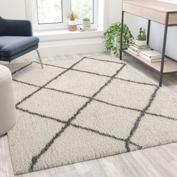 English Elm Roxy Diamond Trellis Shag Area Rug – Luxurious Softness, Modern Design, Easy Care & Durable Style Ivory/Gray 5' x 7' RC-KJ-181070-01-57-IV-GR-GG