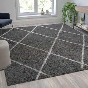 English Elm Roxy Diamond Trellis Shag Area Rug – Luxurious Softness, Modern Design, Easy Care & Durable Style Charcoal/Ivory 8' x 10' RC-KJ-181070-01-810-GR-IV-GG
