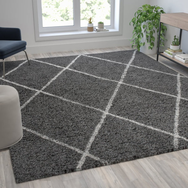 English Elm Roxy Diamond Trellis Shag Area Rug – Luxurious Softness, Modern Design, Easy Care & Durable Style Charcoal/Ivory 8' x 10' RC-KJ-181070-01-810-GR-IV-GG