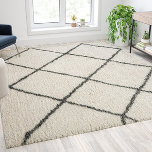 English Elm Roxy Diamond Trellis Shag Area Rug – Luxurious Softness, Modern Design, Easy Care & Durable Style Ivory/Gray 8' x 10' RC-KJ-181070-01-810-IV-GR-GG