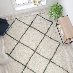 English Elm Roxy Diamond Trellis Shag Area Rug – Luxurious Softness, Modern Design, Easy Care & Durable Style Ivory/Gray 8' x 10' RC-KJ-181070-01-810-IV-GR-GG