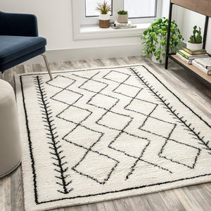 English Elm Roxy Geometric Bohemian Shag Area Rug - Cozy, Durable Design for Modern Spaces and Everyday Life Ivory/Black 5' x 7' RC-MS-202012-01-57-GG
