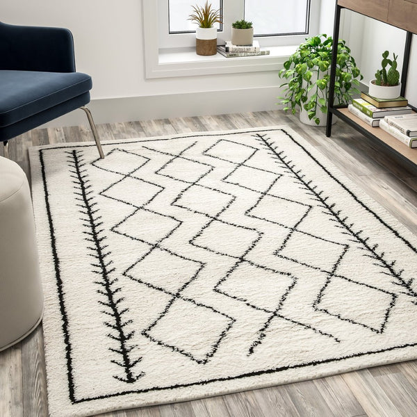 English Elm Roxy Geometric Bohemian Shag Area Rug - Cozy, Durable Design for Modern Spaces and Everyday Life Ivory/Black 5' x 7' RC-MS-202012-01-57-GG