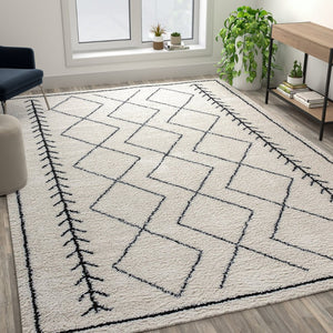 English Elm Roxy Geometric Bohemian Shag Area Rug - Cozy, Durable Design for Modern Spaces and Everyday Life Ivory/Black 8' x 10' RC-MS-202012-01-810-GG