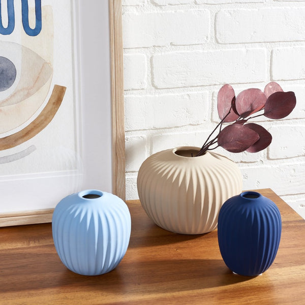 Safavieh JACIE, Modern Ceramic Vase Set of 3 in Grey, Navy & Light Blue - Sculptural Fluted Design for Home Decor RDC4000A-SET3