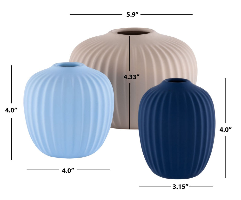 Safavieh JACIE, Modern Ceramic Vase Set of 3 in Grey, Navy & Light Blue - Sculptural Fluted Design for Home Decor RDC4000A-SET3