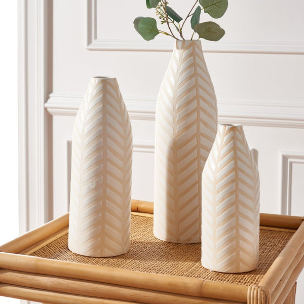 Safavieh LOVETTA, Modern Cream Ceramic Vase Set of 3 with Chevron Texture for Elegant Home Decor Displays RDC4007A-SET3