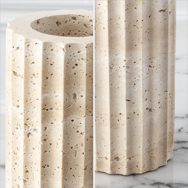 Safavieh Teroi, Elegant Set Of 2 Fluted Travertine Vases For Modern And Classic Home Decor Styles Sand Travertine Rdc4023a-set2