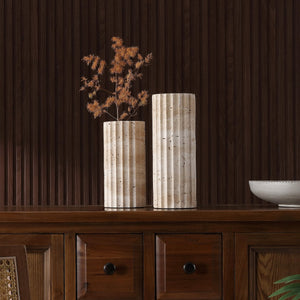 Safavieh Teroi, Elegant Set Of 2 Fluted Travertine Vases For Modern And Classic Home Decor Styles Sand Travertine Rdc4023a-set2