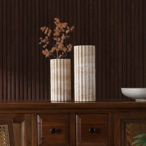 Safavieh Teroi, Elegant Set Of 2 Fluted Travertine Vases For Modern And Classic Home Decor Styles Sand Travertine Rdc4023a-set2