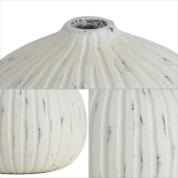 Safavieh Nisi 8" Round Grooved, Resin Vase  RDC4032A Distressed White