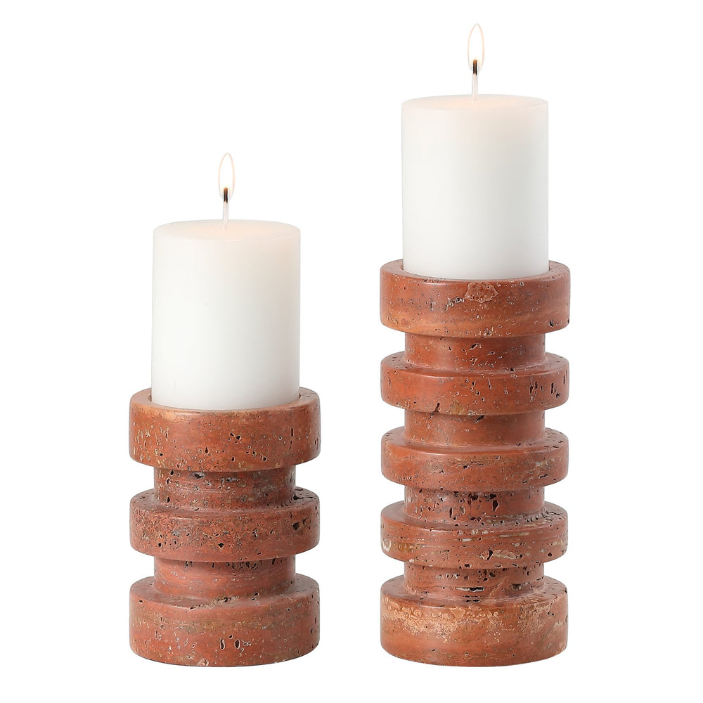 Safavieh Capri, Vibrant Orange/Rust Marble Candle Holder Set Of 2 For Pillar & Taper Candles, Elegant Decor Orange ,Rust Travertine Rdc4043a-set2