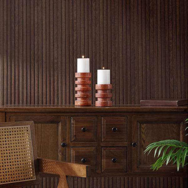 Safavieh Capri, Vibrant Orange/Rust Marble Candle Holder Set Of 2 For Pillar & Taper Candles, Elegant Decor Orange ,Rust Travertine Rdc4043a-set2