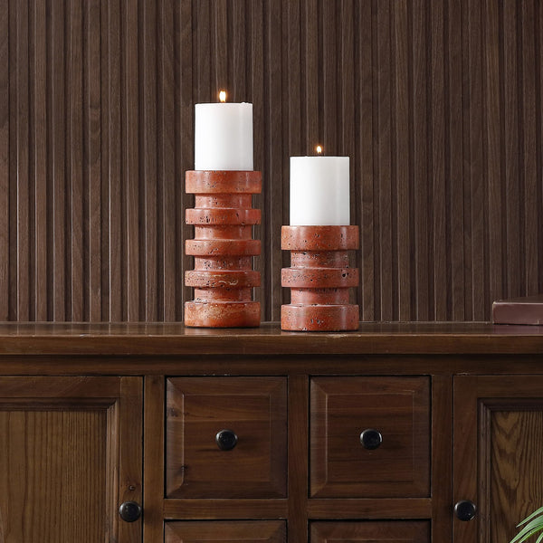Safavieh Capri, Vibrant Orange/Rust Marble Candle Holder Set Of 2 For Pillar & Taper Candles, Elegant Decor Orange ,Rust Travertine Rdc4043a-set2