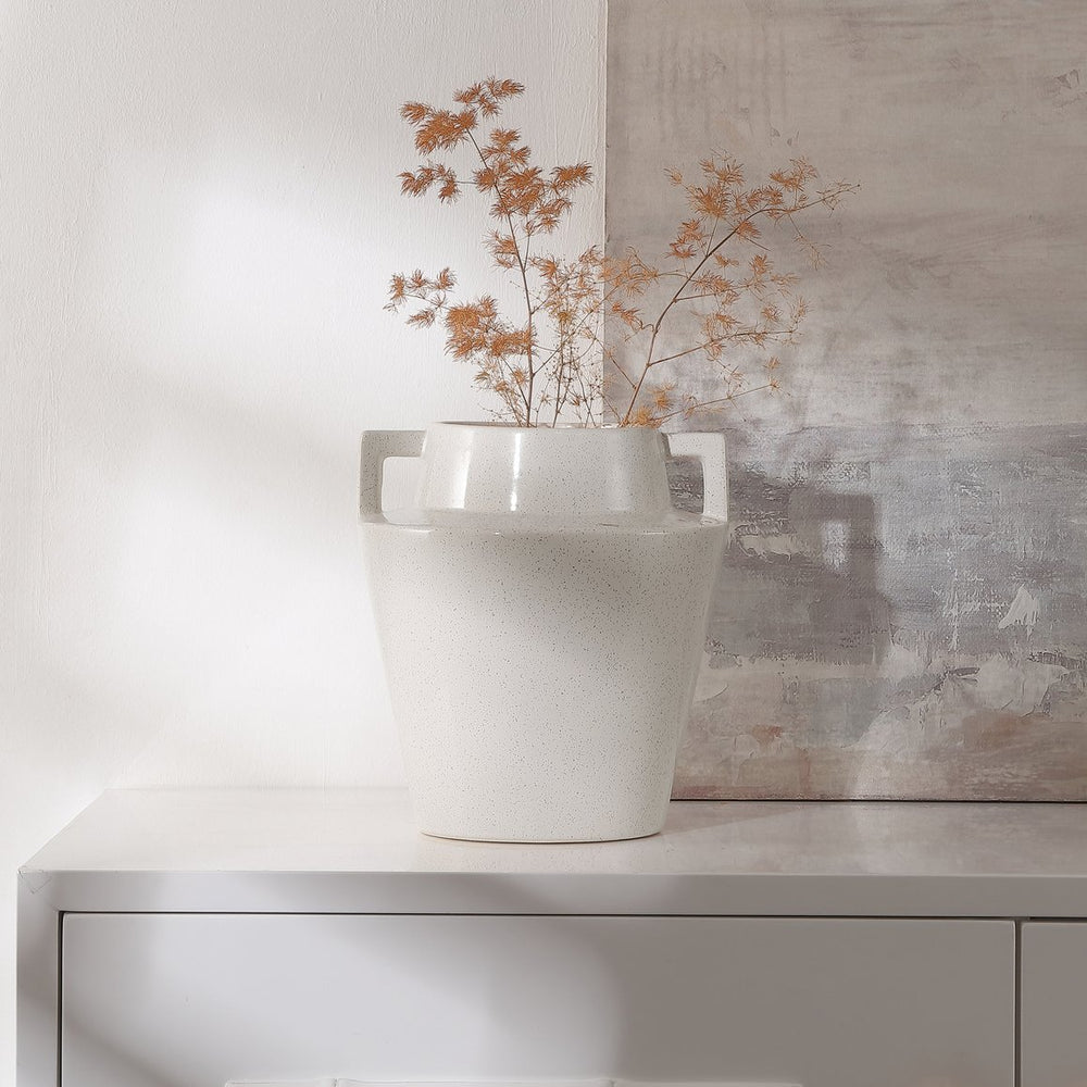 Safavieh Ema Terracotta Vase - Elegant Cream Ceramic With Geometric Handles For Stunning Home Decor Centerpiece Creme Ceramic Rdc4044a