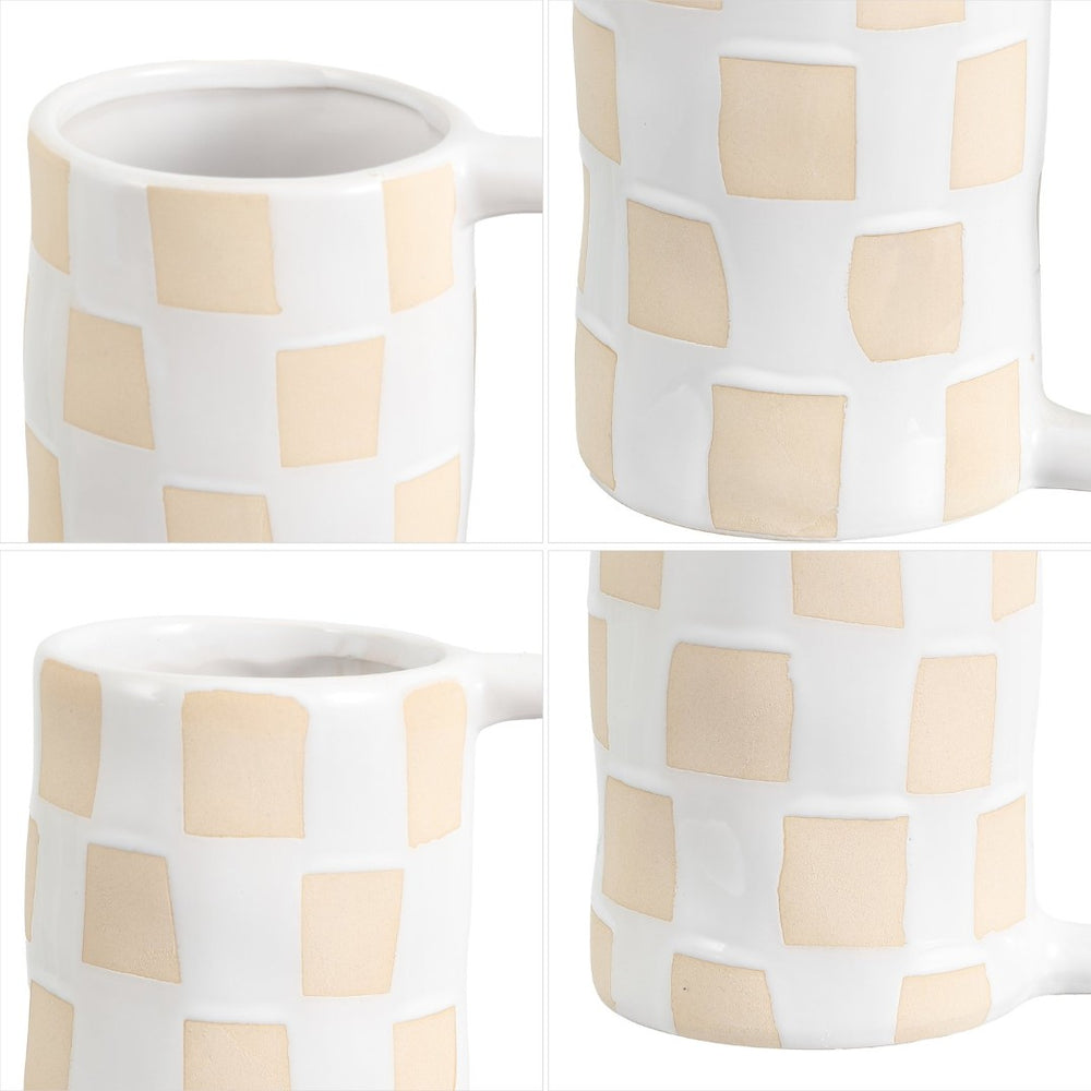 Safavieh ANIKA, Elegant White/Beige Ceramic Vase Set with Unique Checkered Handles for Stylish Decor Accents RDC4051A-SET2