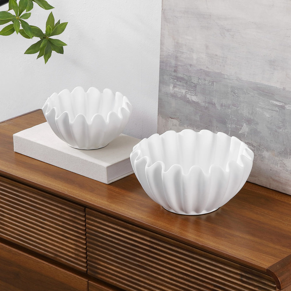 Leni, Ruffle Resin Bowl Set Of 2 — Sculpted Matte Finish Serving Bowls For Elegant Table Styling And Decor (Set)