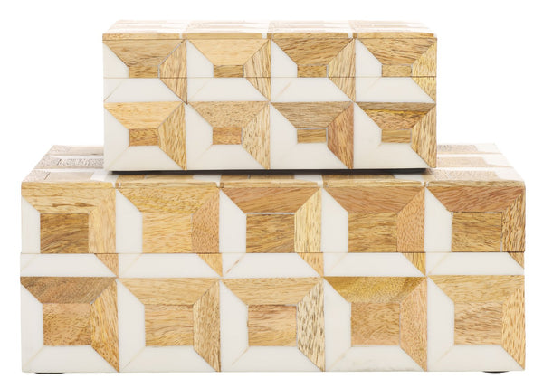 Safavieh Aria, Elegant Antique Ivory Decorative Box Set 2 - Natural Wood Storage With Geometric Charm Antique Ivory ,Natural Brown Resin+Mango Wood+Mdf Rdc5003a-set2