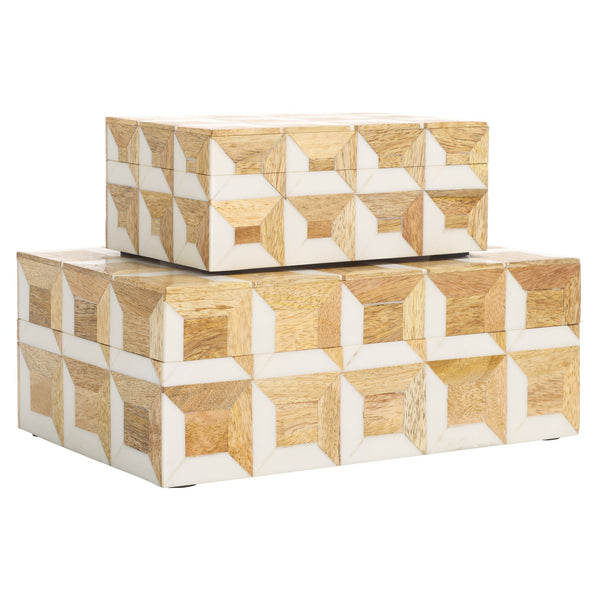 Safavieh Aria, Elegant Antique Ivory Decorative Box Set 2 - Natural Wood Storage With Geometric Charm Antique Ivory ,Natural Brown Resin+Mango Wood+Mdf Rdc5003a-set2