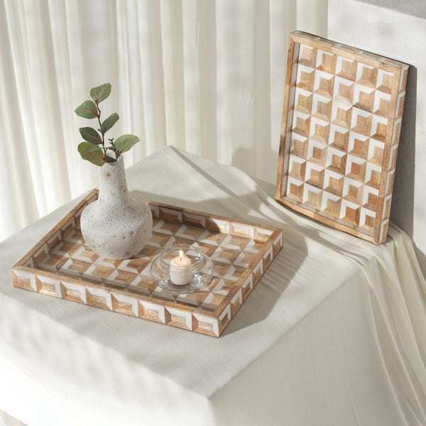Safavieh ARIA, Elegant Antique Ivory & Natural Brown Tray Set of 2 - Nestable, Geometric Design for Decor RDC5010A-SET2