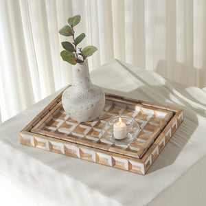 Safavieh ARIA, Elegant Antique Ivory & Natural Brown Tray Set of 2 - Nestable, Geometric Design for Decor RDC5010A-SET2