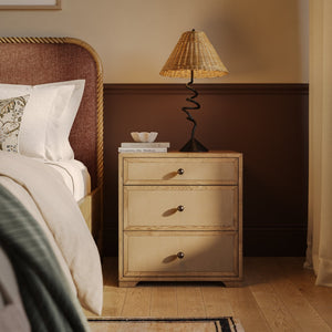 TOV Furniture Laurentis 23.5" Light Taupe Suede Nightstand with 3 Soft-Close Drawers for Stylish Bedroom Storage REN-B1000-50