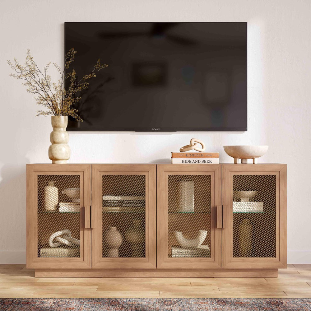 TOV Furniture Nolan 72" Wood Console - Stylish Modern Storage Solution with Brass Mesh & Cable Management Features Natural REN-E6040-1