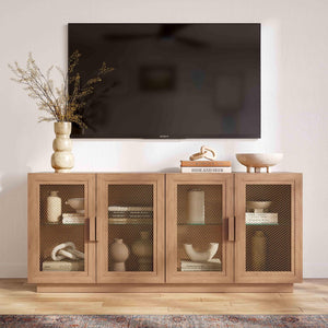 TOV Furniture Nolan 72" Wood Console - Stylish Modern Storage Solution with Brass Mesh & Cable Management Features Natural REN-E6040-1
