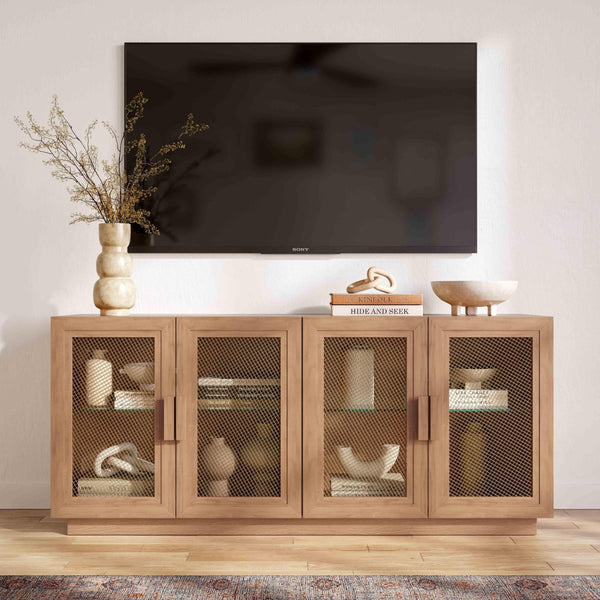 TOV Furniture Nolan 72" Wood Console - Stylish Modern Storage Solution with Brass Mesh & Cable Management Features Natural REN-E6040-1
