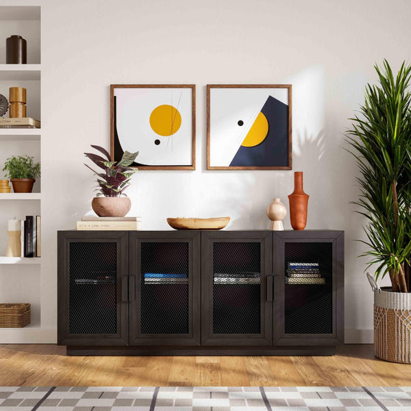 TOV Furniture Nolan 72" Wood Console - Stylish Modern Storage Solution with Brass Mesh & Cable Management Features Black REN-E6041-1