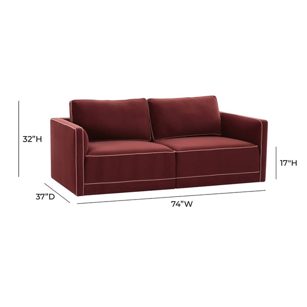 TOV Furniture Willow 74" Modular Loveseat - Luxurious Velvet Upholstery with Stylish Contrast Piping for Comfort Red REN-L03142