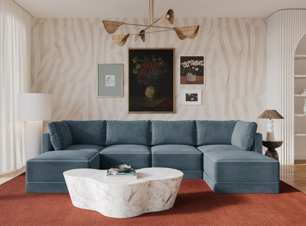 TOV Furniture Willow 6-Piece Modular U Sectional - Elegant Velvet Design for Stylish, Customizable Living Spaces Blue REN-L03150-SEC1