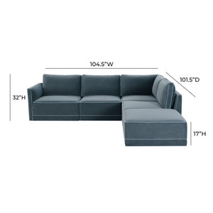 TOV Furniture Willow 5-Piece Velvet Modular Sectional – Modern Luxury Seating for Stylish Living Spaces and Comfort Blue REN-L03150-SEC4-R