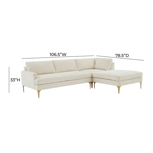 TOV Furniture Serena Luxurious 3-Piece Velvet Chaise Sectional with Brass Legs for Modern Living Room Comfort Cream / RAF REN-L05110-SEC4R