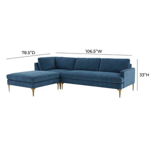 TOV Furniture Serena Luxurious 3-Piece Velvet Chaise Sectional with Brass Legs for Modern Living Room Comfort Blue / LAF REN-L05120-SEC4L