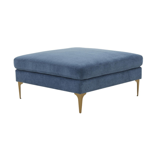TOV Furniture Serena Velvet Ottoman – Modern Cozy Accent Piece with Brushed Brass Legs for Stylish Living Spaces Blue REN-L05121
