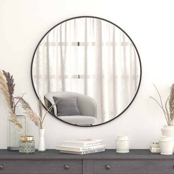 English Elm Julianne Elegant Round Metal Framed Wall Mirror - Timeless Accent for Bathroom, Entryway & Living Spaces Black 36" Round RH-M003-RD91MB-BK-GG