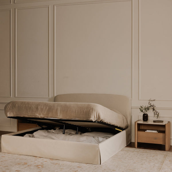 Moe's Home Joan Storage Bed: Stylish Upholstered Frame With Hidden Compartment And Easy-clean Slipcover Design White Upholstery, 100% Polyester,Solid Wood,Plywood And Mdf Construction Rn-1150-05-0