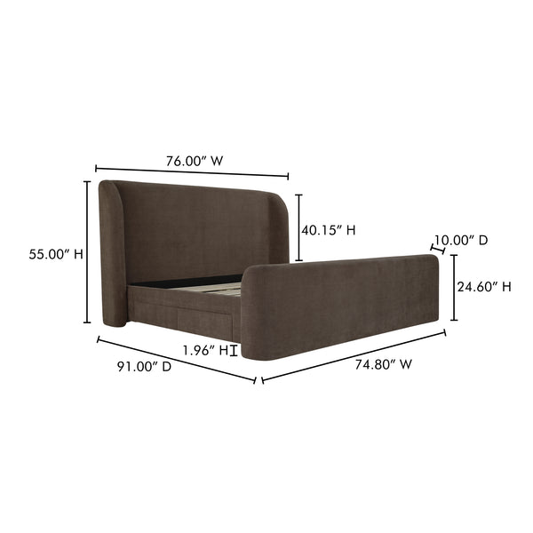 Moe's Home Sophia Storage Bed - Elevate Your Sleep Experience With Cozy Comfort And Stylish Storage Solutions Brown Upholstery, 100% Polyester,Solid Wood,Plywood And Mdf Rn-1152-03-0