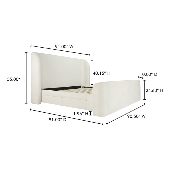 Moe's Home Sophia Storage Bed - Elevate Your Sleep Experience With Cozy Comfort And Stylish Storage Solutions White Upholstery, 50% Recycled Polyester 50%Polyester,Solid Wood,Plywood And Mdf Rn-1153-05-0