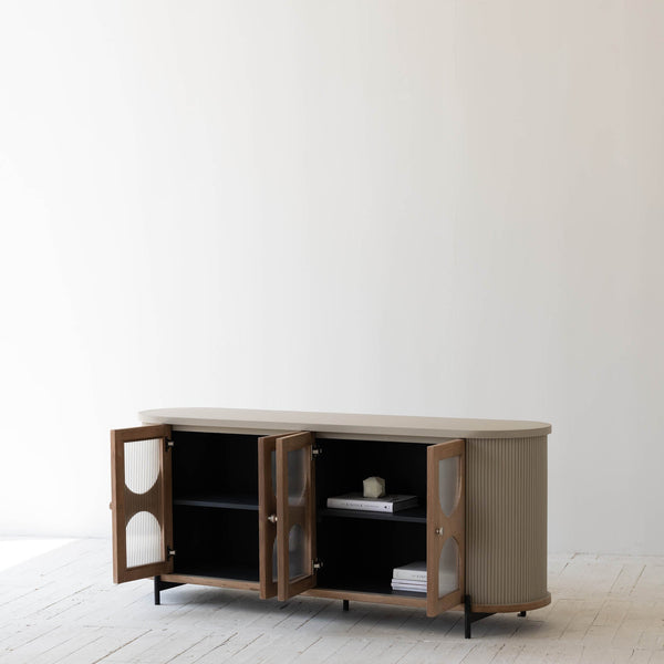 Lh Imports Colosseo Sideboard - Elegant Natural Oak Wood, Fluted Sides & Soft Closing Doors For Timeless Style Brown,Grey Oak,Birch,Steel,Glass Rns053