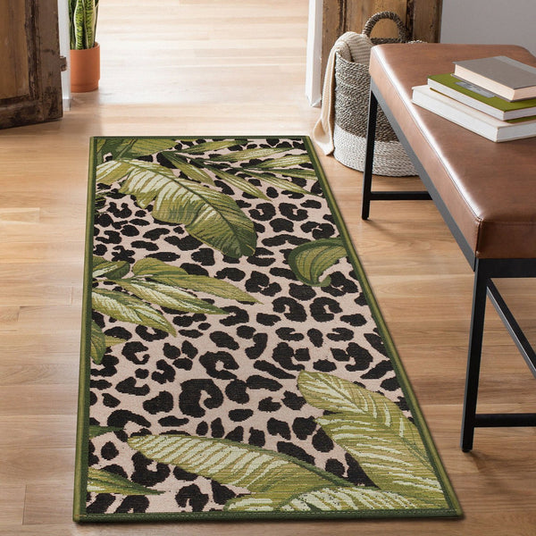 Trans Ocean Liora Manne Esencia Safari Indoor/Outdoor Mat - Bold Leopard Print With Tropical Leaves Design Green Polypropylene,Polyester Ecnr5805606