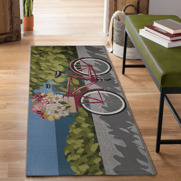 Trans Ocean Liora Manne Esencia Summer Ride Indoor/Outdoor Mat - Whimsical Bike Design With Floral Accents Blue Polypropylene,Polyester Ecnr5960003
